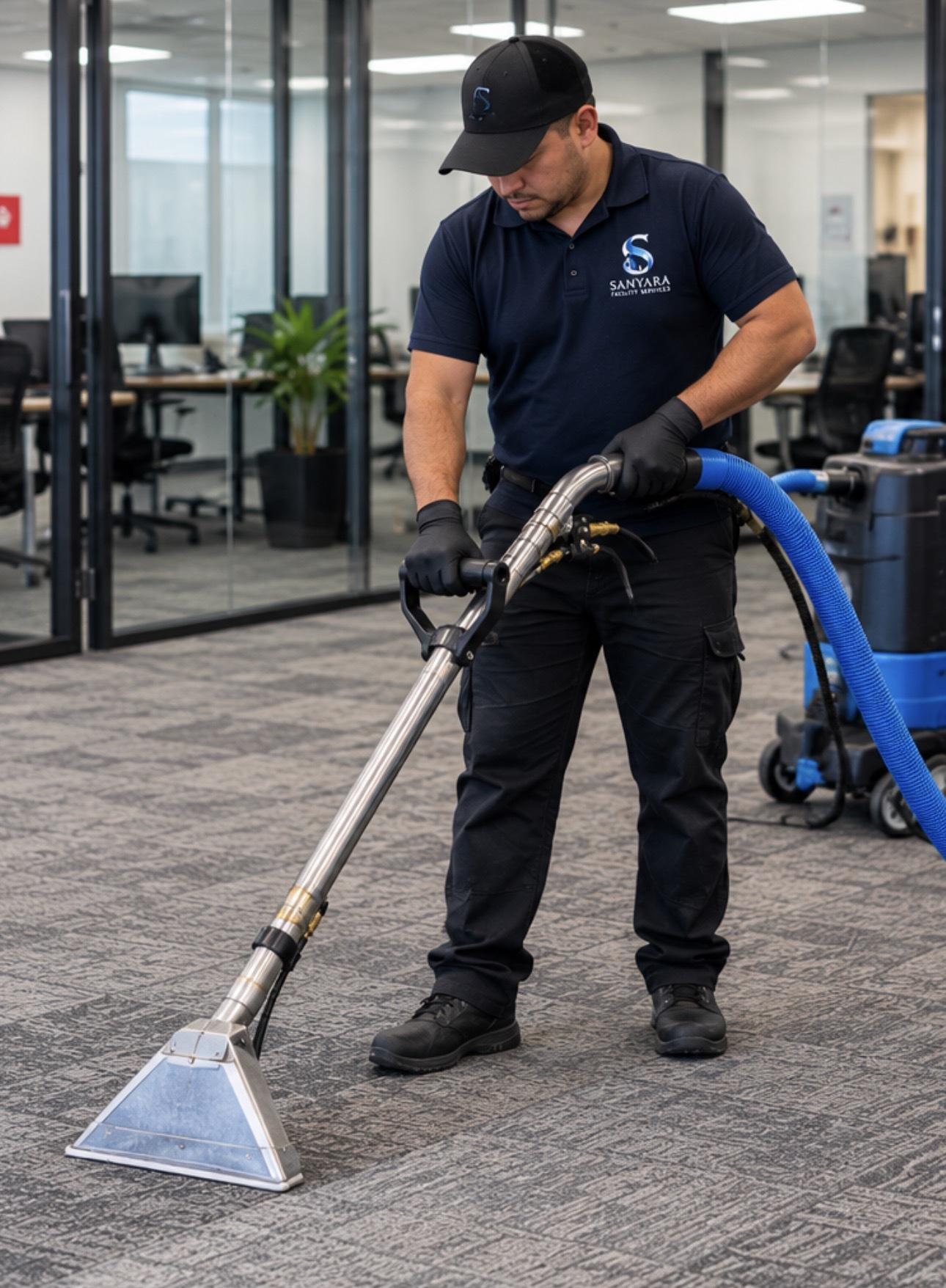 Sanyara Facility Services team member cleaning carpet in a commercial office