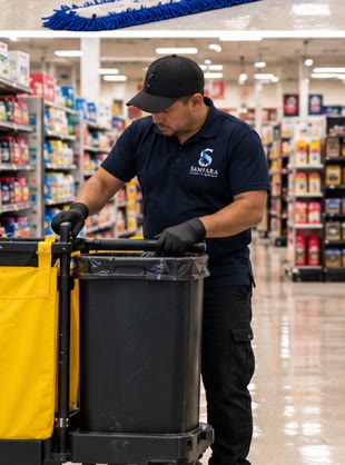 Sanyara team member with cleaning cart in a retail store